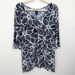 Clara Sun Woo Womens Tunic Top Shirt Size M Floral Tropical Artsy Office Blue